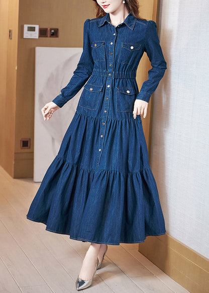 Denim Blue Peter Pan Collar Patchwork Wrinkled Tunic Button Cotton Maxi Dresses Long Sleeve Ac2023