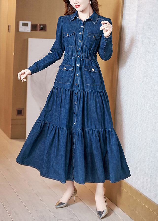 Denim Blue Peter Pan Collar Patchwork Wrinkled Tunic Button Cotton Maxi Dresses Long Sleeve Ac2023
