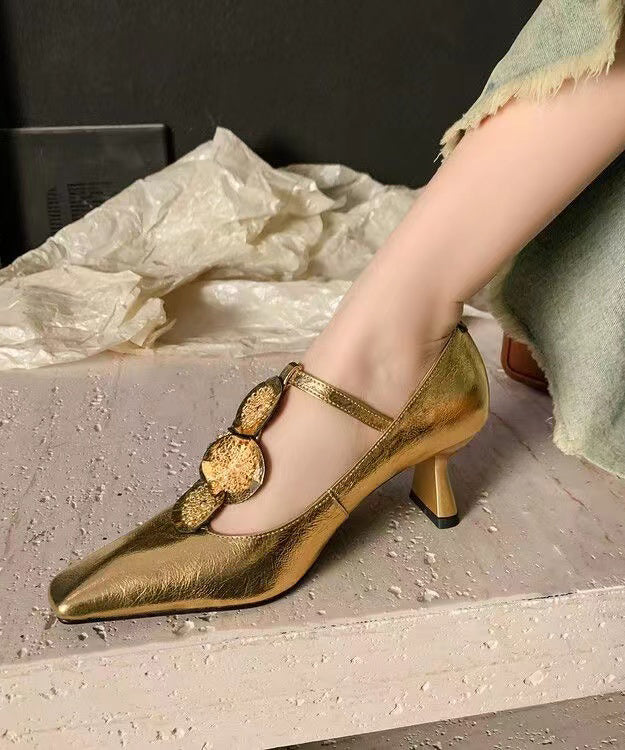 Gold Buckle Strap Decorated Splicing Heels Shoes Dd1060
