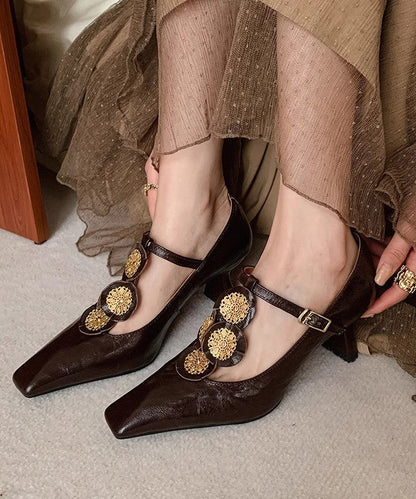 Gold Buckle Strap Decorated Splicing Heels Shoes Dd1060