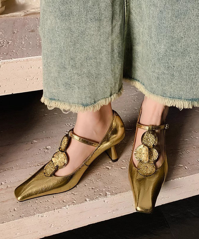 Gold Buckle Strap Decorated Splicing Heels Shoes Dd1060