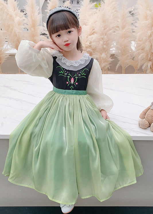 Green Embroideried Flattering Tulle Kids Maxi Dress Spring Ye021
