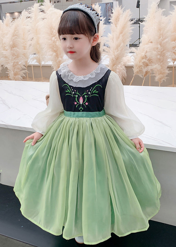 Green Embroideried Flattering Tulle Kids Maxi Dress Spring Ye021