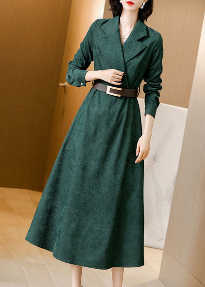 Green Notched Collar Sashes Slim Fit Corduroy Maxi Dresses Spring Ac2013