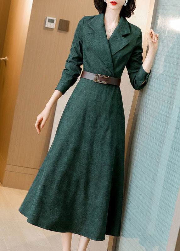 Green Notched Collar Sashes Slim Fit Corduroy Maxi Dresses Spring Ac2013