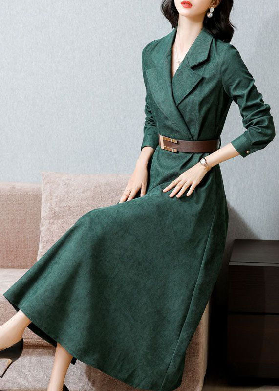 Green Notched Collar Sashes Slim Fit Corduroy Maxi Dresses Spring Ac2013