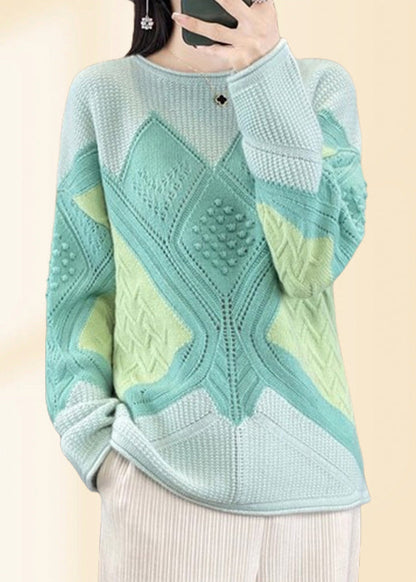 Green O-neck Plaid Cotton Knit Sweaters Fall Qp018