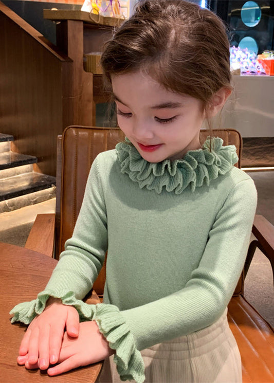 Green Patchwork Cotton Knit Sweater Petal Sleeve Tp041