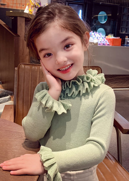 Green Patchwork Cotton Knit Sweater Petal Sleeve Tp041