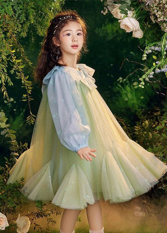 Green Sequins Tulle Kids Long Dresses Puff Sleeve Tv031