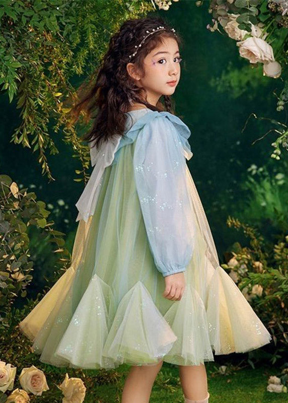Green Sequins Tulle Kids Long Dresses Puff Sleeve Tv031