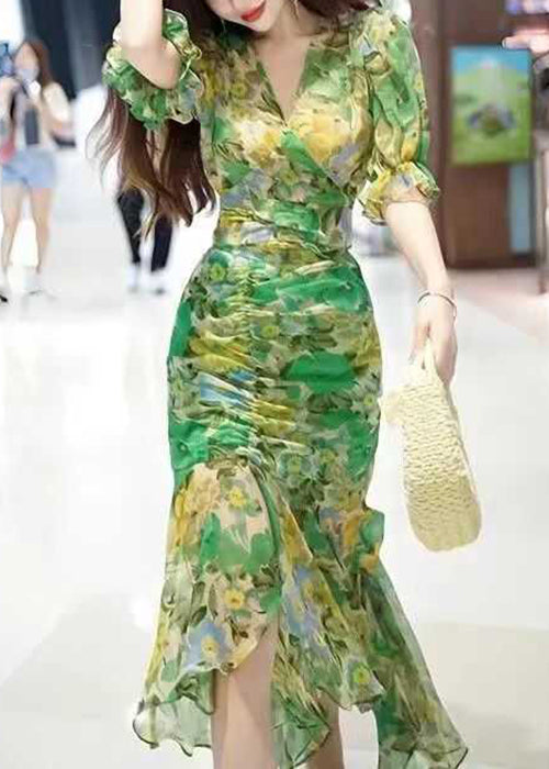 Green V Neck Print Patchwork Chiffon Long Dress Summer Xx051