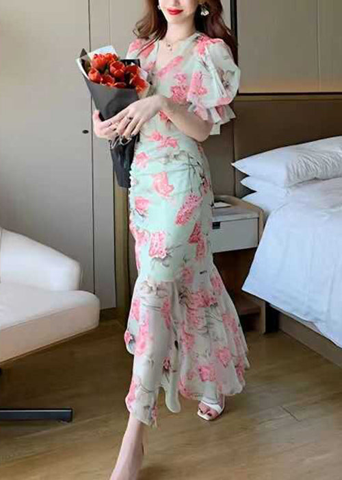 Green V Neck Print Patchwork Chiffon Long Dress Summer Xx051