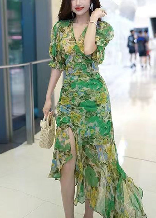Green V Neck Print Patchwork Chiffon Long Dress Summer Xx051