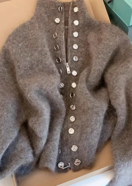 Grey High Neck Zip Up Woolen Knit Cardigans Spring Tn025