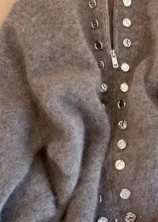 Grey High Neck Zip Up Woolen Knit Cardigans Spring Tn025