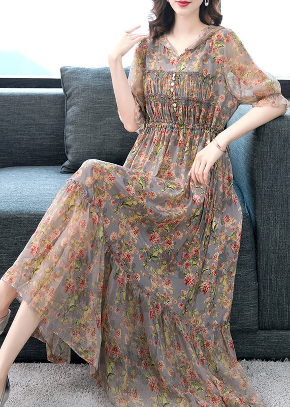 Grey Ruffled Print Patchwork Silk Long Dresses Summer Bb009