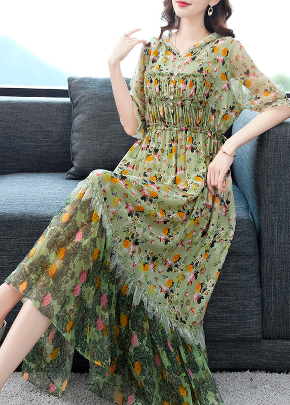 Grey Ruffled Print Patchwork Silk Long Dresses Summer Bb009