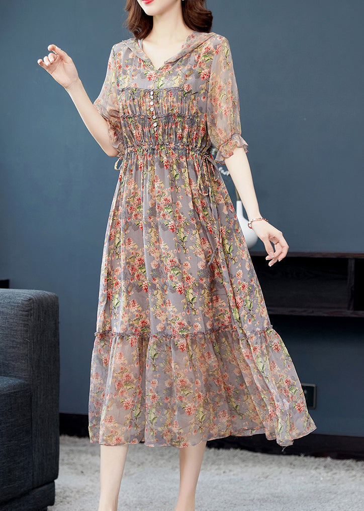 Grey Ruffled Print Patchwork Silk Long Dresses Summer Bb009