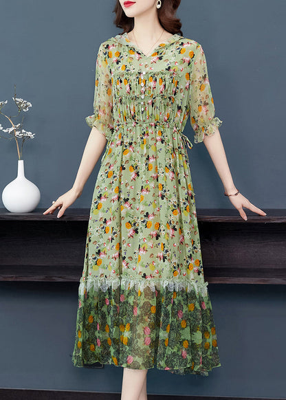 Grey Ruffled Print Patchwork Silk Long Dresses Summer Bb009