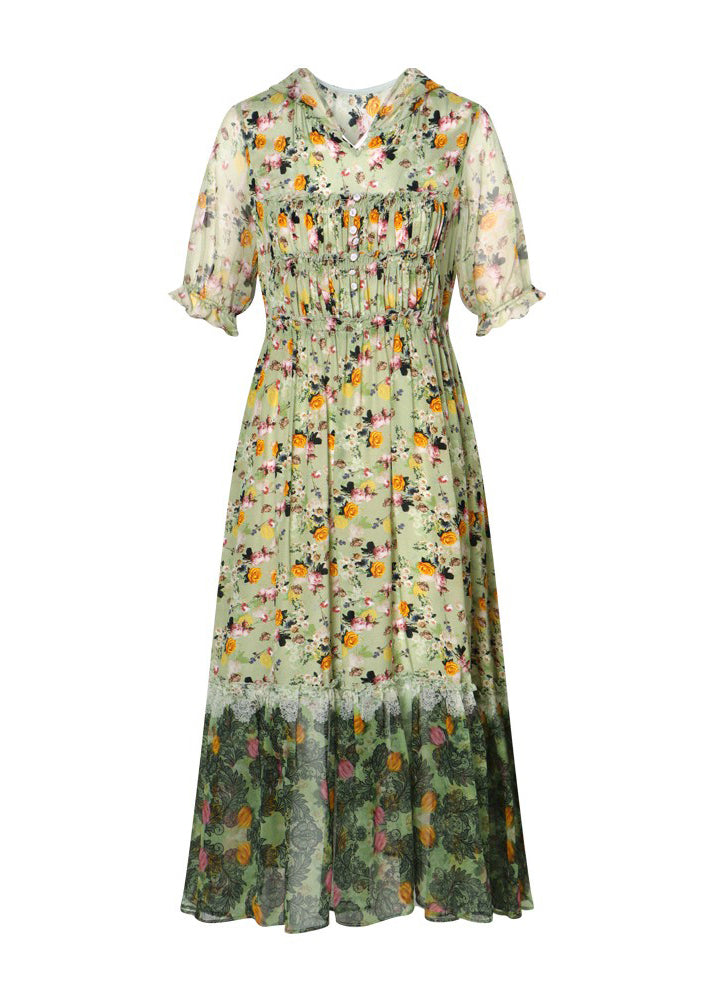 Grey Ruffled Print Patchwork Silk Long Dresses Summer Bb009