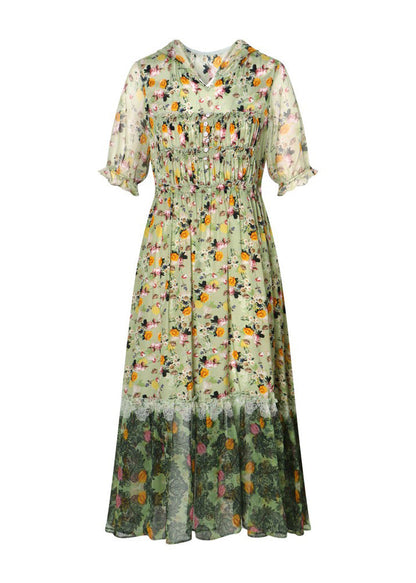 Grey Ruffled Print Patchwork Silk Long Dresses Summer Bb009