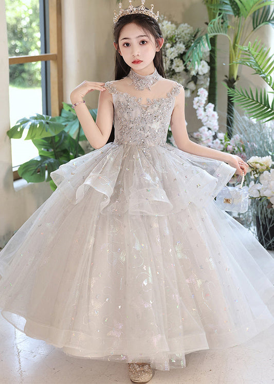 Grey Sequins Patchwork Tulle Kids Maxi Dresses Summer Qv011