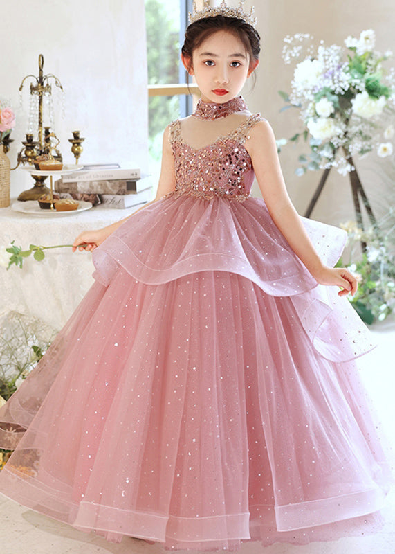 Grey Sequins Patchwork Tulle Kids Maxi Dresses Summer Qv011