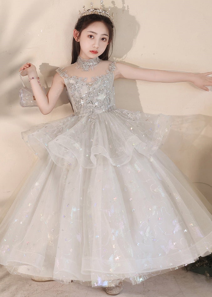 Grey Sequins Patchwork Tulle Kids Maxi Dresses Summer Qv011
