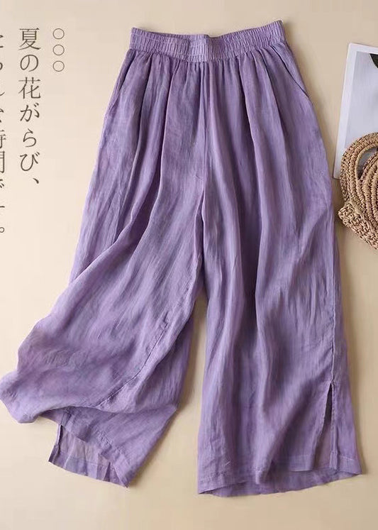 Elastic Pants Open Waist Lavender Straight Linen Side