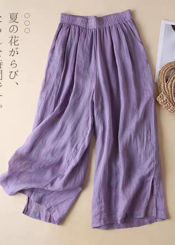 Elastic Pants Open Waist Lavender Straight Linen Side
