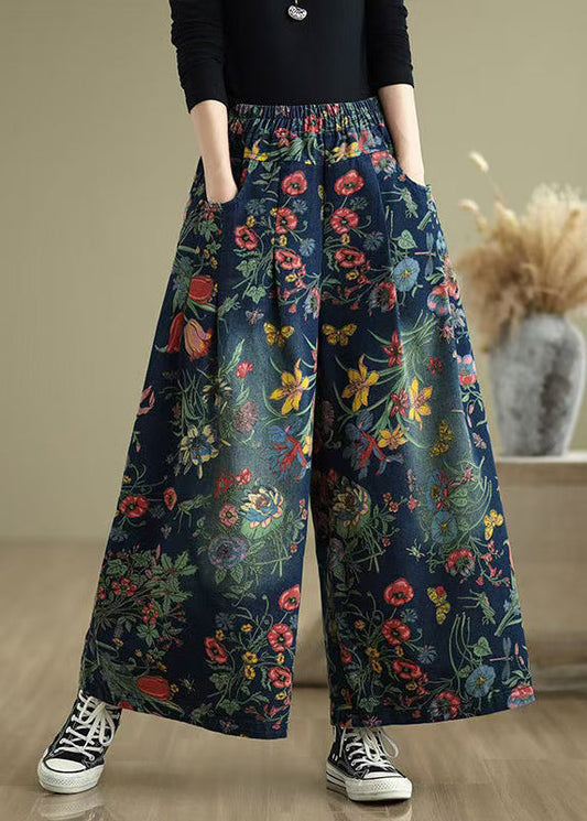 Leg Denim Pants Wide Print Summer Navy Oversized