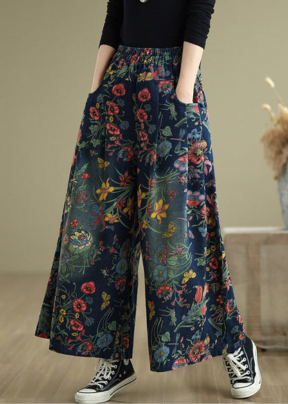 Leg Denim Pants Wide Print Summer Navy Oversized