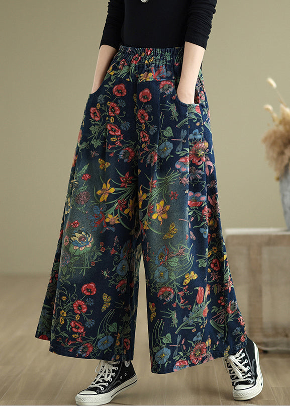 Leg Denim Pants Wide Print Summer Navy Oversized