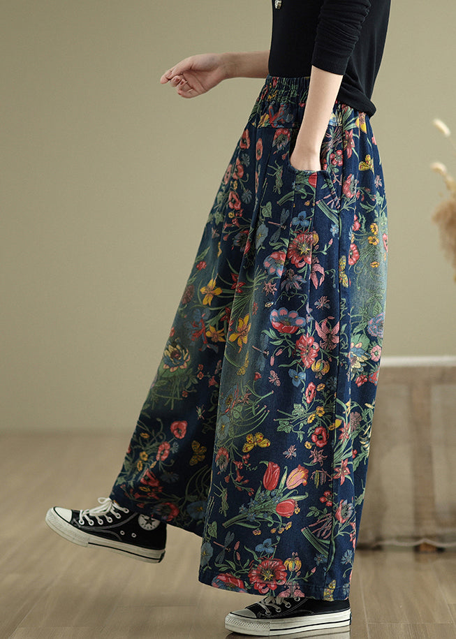 Leg Denim Pants Wide Print Summer Navy Oversized