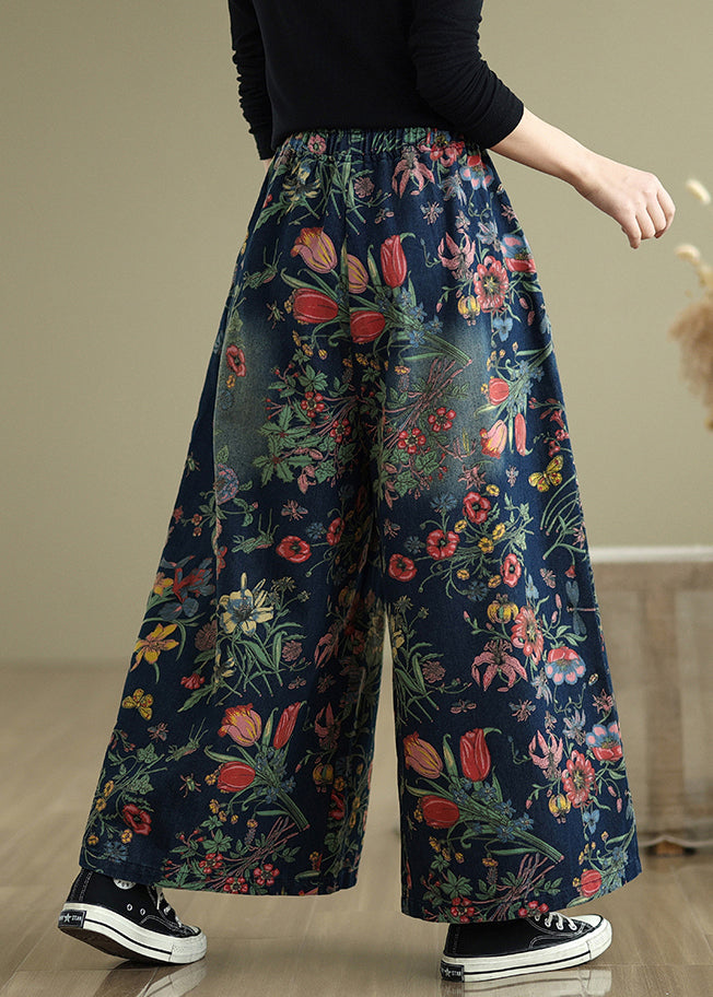 Leg Denim Pants Wide Print Summer Navy Oversized