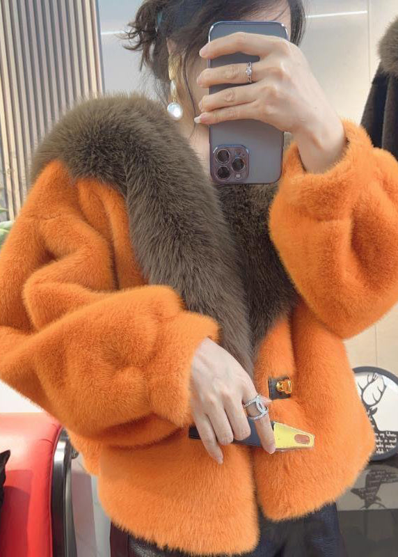 Orange Fur Collar Leather and Fur Coats Winter Ty017