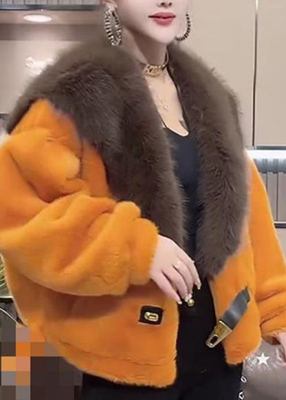 Orange Fur Collar Leather and Fur Coats Winter Ty017