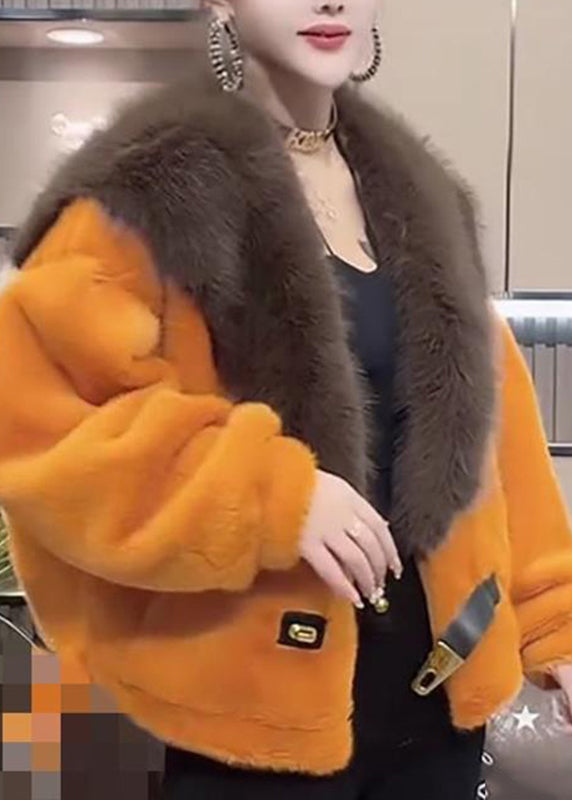 Orange Fur Collar Leather and Fur Coats Winter Ty017