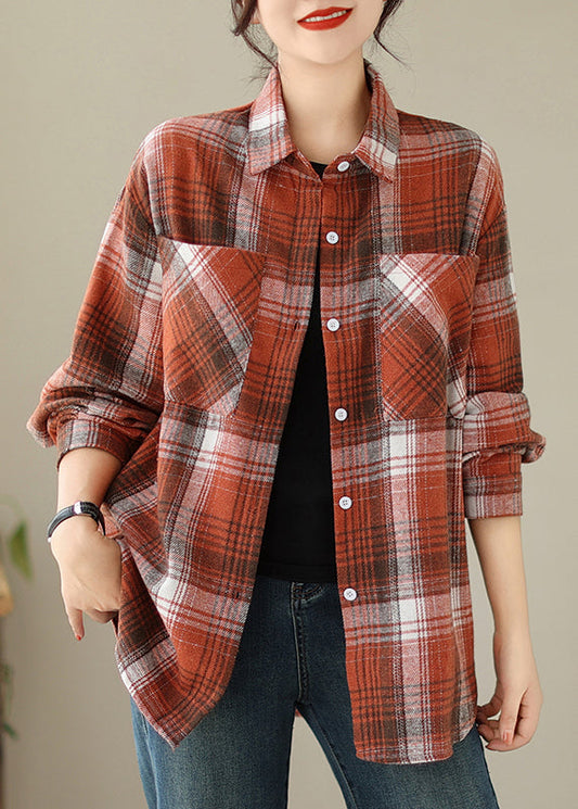 Orange Peter Pan Collar Pockets Plaid Cotton Coat Fall Qo050