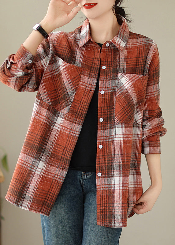Orange Peter Pan Collar Pockets Plaid Cotton Coat Fall Qo050