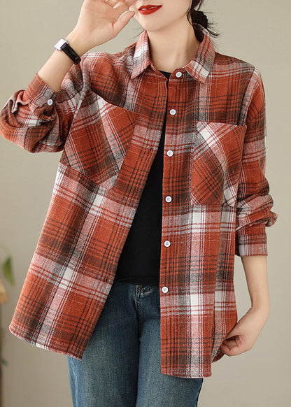 Orange Peter Pan Collar Pockets Plaid Cotton Coat Fall Qo050