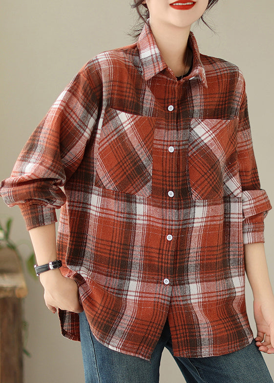 Orange Peter Pan Collar Pockets Plaid Cotton Coat Fall Qo050