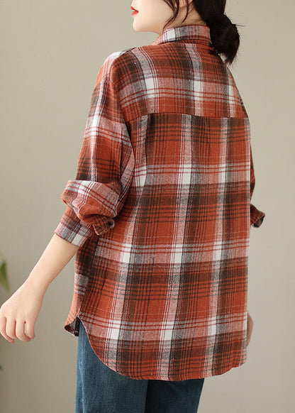 Orange Peter Pan Collar Pockets Plaid Cotton Coat Fall Qo050