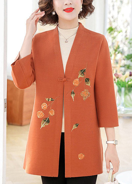 Orange Print Cotton Knit Cardigans Bracelet Sleeve Ta009