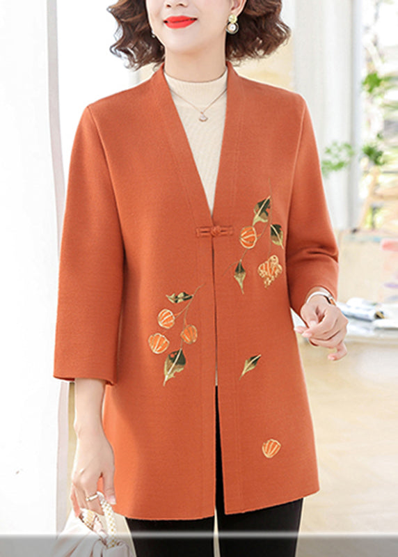 Orange Print Cotton Knit Cardigans Bracelet Sleeve Ta009