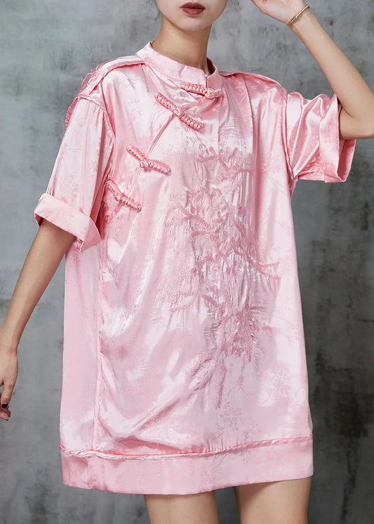 Pink Embroidered Chinese Button Silk Mini Dress Spring Jk1006