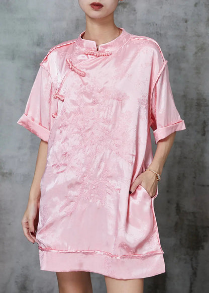 Pink Embroidered Chinese Button Silk Mini Dress Spring Jk1006