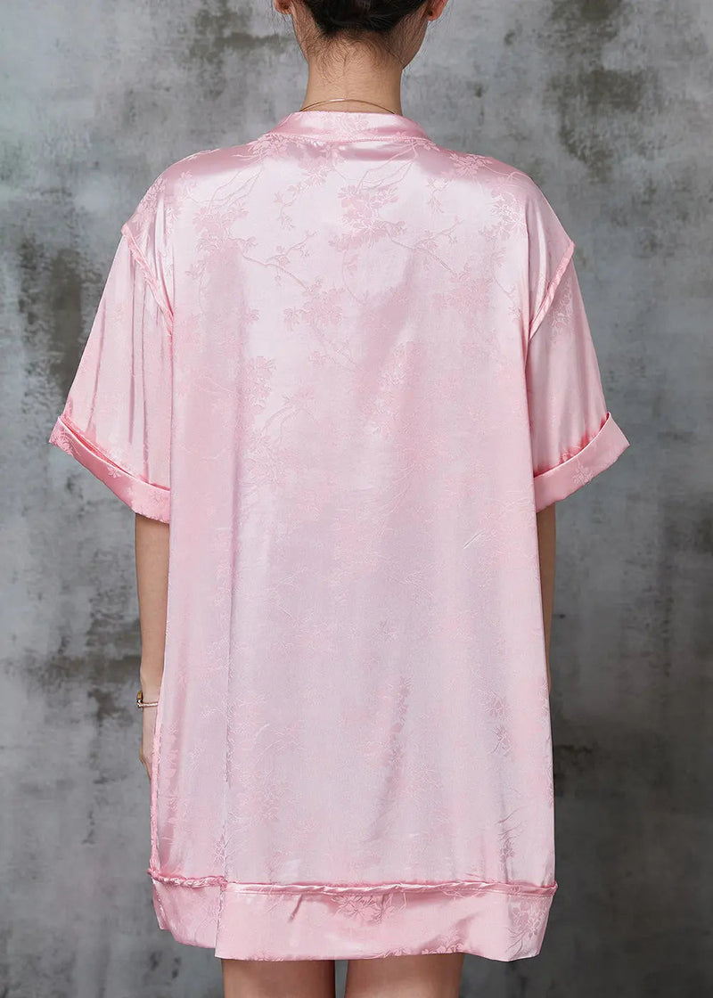Pink Embroidered Chinese Button Silk Mini Dress Spring Jk1006