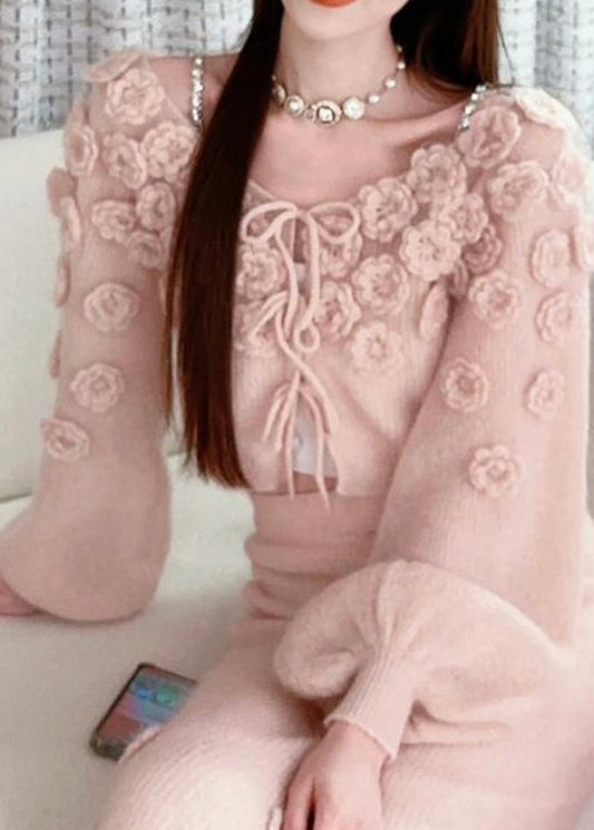 Pink Lace Up Knit Sweaters Fall Wo035